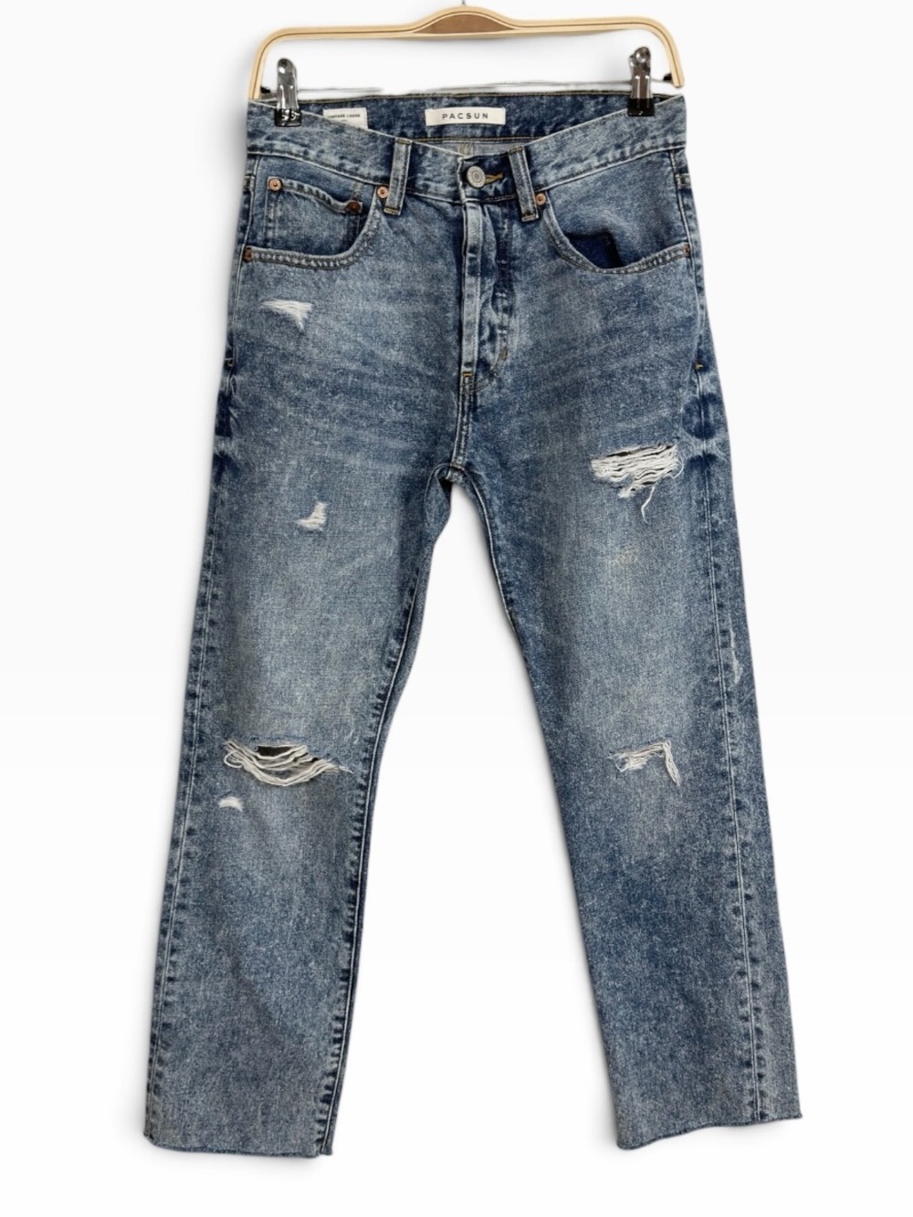 PacSun Vintage Loose Acid Wash Distressed Straight Leg Jeans Raw Hem Size 28
